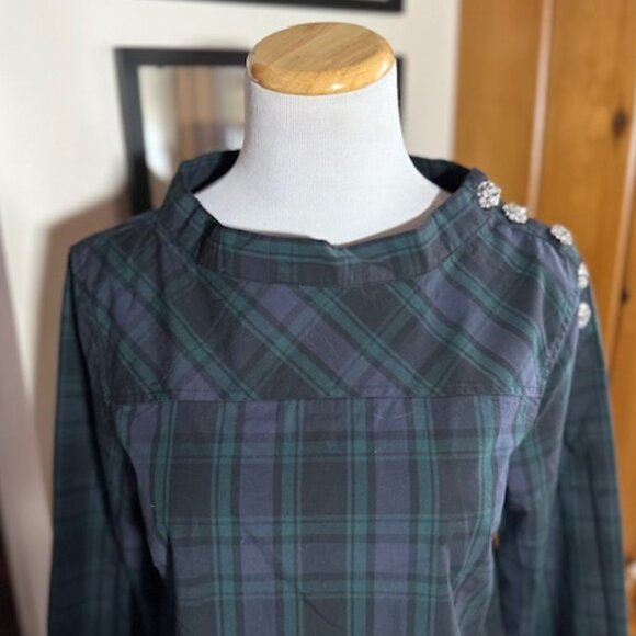 J. CREW Navy Green Blackwatch Tartan Plaid Crystal Buttons Blouse Shirt – 0 - Picture 2 of 11
